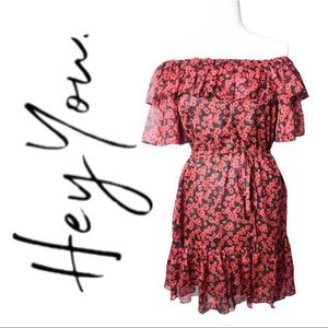 HEY YOU! Red Floral Off-Shoulder Dress